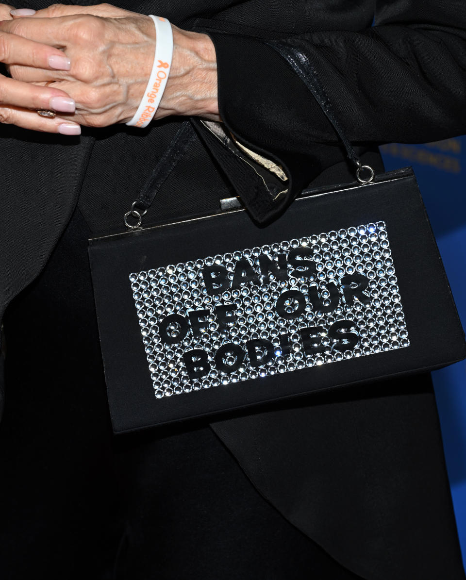 Nancy Grahn makes a political statement with her hand bag at the 49th Annual Daytime Emmy Awards held at the Pasadena Convention Center on June 24, 2022 in Los Angeles, California. - Credit: Michael Buckner for Variety