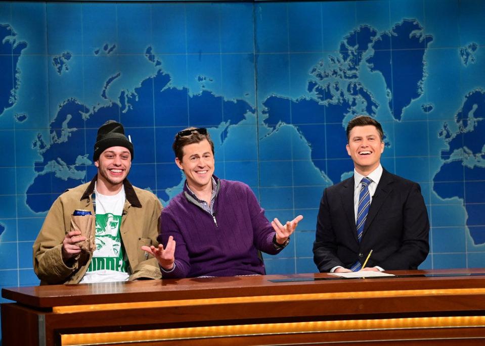 Last January, Pete Davidson joined Colin Jost and Alex Moffat, center, for a "Weekend Update" skit spoofing Davidson and Jost's decision to buy a boat.