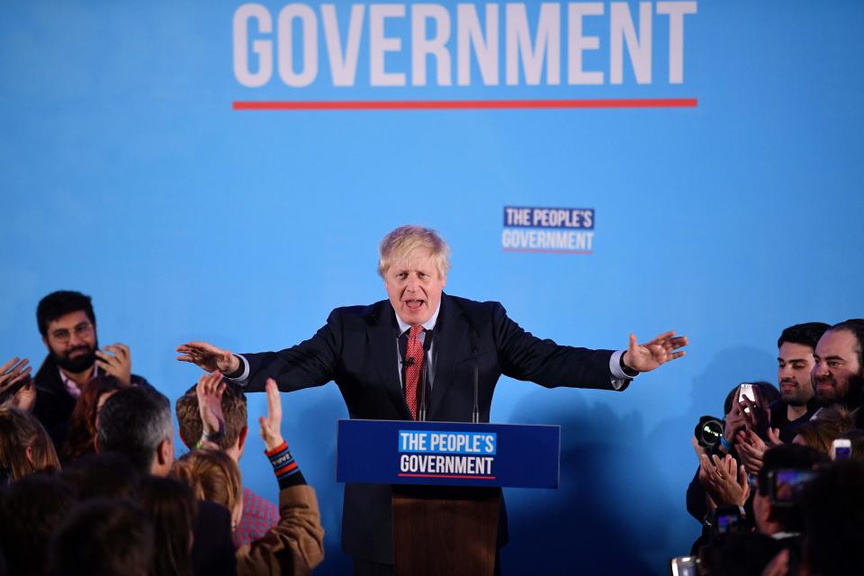 TOPSHOT - Britain's Prime Minister and leader of the Conservative Party, Boris Johnson speaks during a campaign event to celebrate the result of the General Election, in central London on December 13, 2019. - Prime Minister Boris Johnson on Friday hailed a political "earthquake" after securing a sweeping election win, which clears the way for Britain to finally leave the European Union next month after years of political deadlock. (Photo by DANIEL LEAL-OLIVAS / AFP) (Photo by DANIEL LEAL-OLIVAS/AFP via Getty Images)