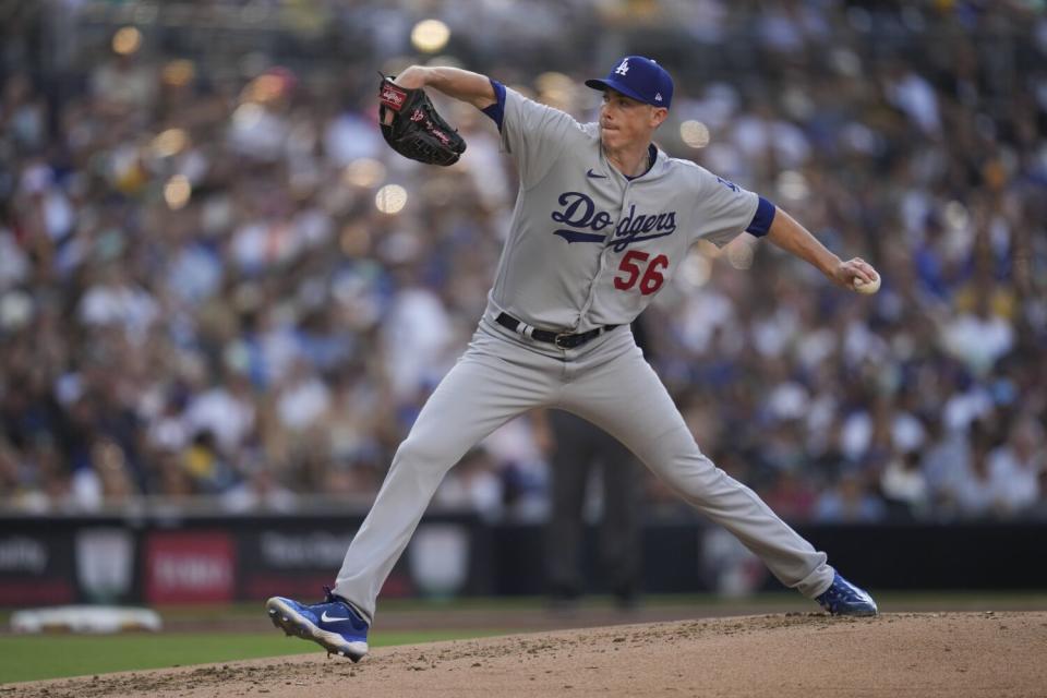 Dodgers relief pitcher Ryan Yarbrough delivers against the San Diego Padres in the second inning Saturday.