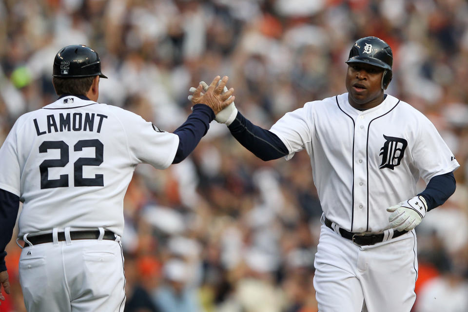 DETROIT, MI - OCTOBER 13: Delmon Young #21 of the Detroit Tigers celebrates after hitting a solo home run in the fourth inning of Game Five of the American League Championship Series against the Texas Rangers at Comerica Park on October 13, 2011 in Detroit, Michigan. (Photo by Leon Halip/Getty Images)