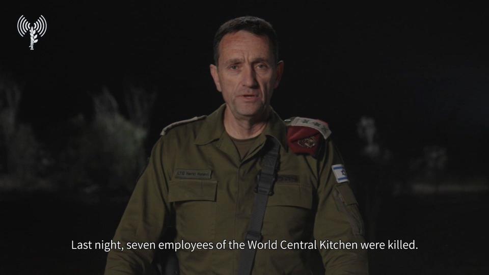 Video grab of Lt Gen Herzi Halevi, chief of the general staff of the Israel Defence Forces, making a statement following an Israeli air strike in Gaza which resulted in the death of seven aid workers. Issue date: Wednesday April 3, 2024.