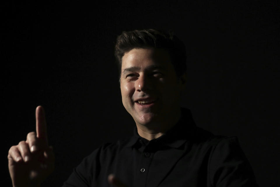 Former Tottenham's manager Mauricio Pochettino speaks during an interview in Doha, Qatar, Saturday, Dec. 21, 2019. (AP Photo/Hassan Ammar)