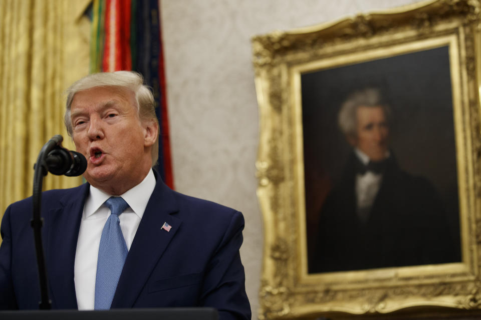 President Donald Trump speaks during a ceremony to present the Presidential Medal of Freedom to former Attorney General Edwin Meese, in the Oval Office of the White House, Tuesday, Oct. 8, 2019, in Washington. (AP Photo/Alex Brandon)