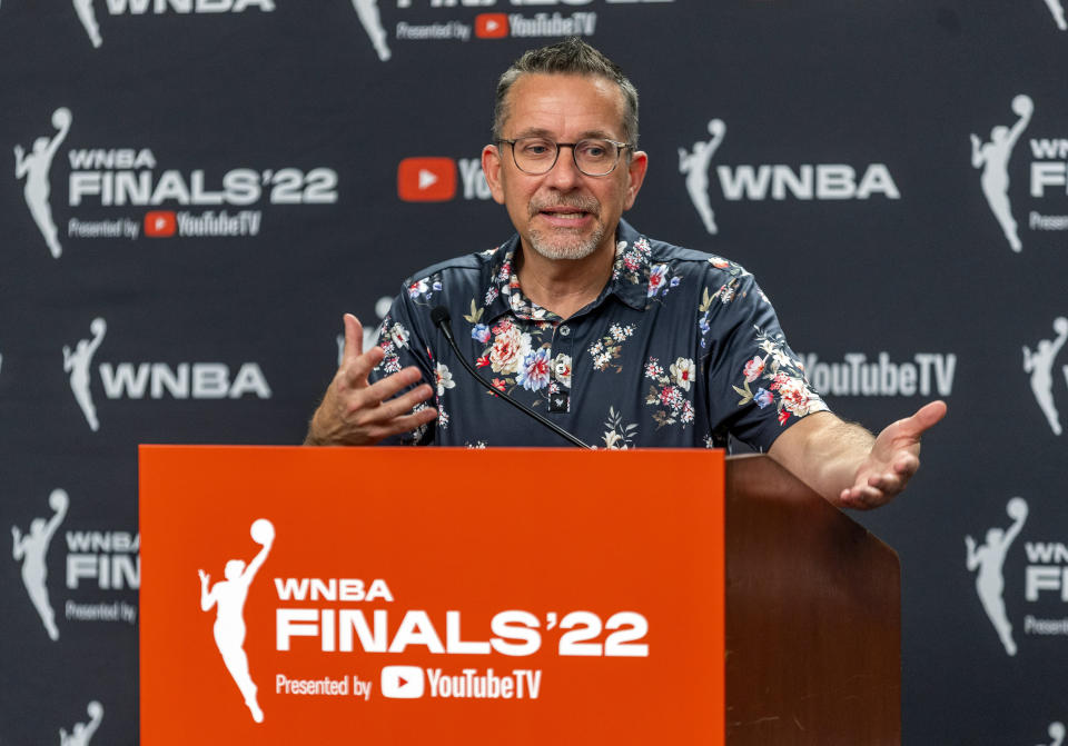 FILE - Connecticut Sun head coach Curt Miller addresses the media before facing the Las Vegas Aces in Game 1 of a WNBA basketball final playoff series, Sunday, Sept. 11, 2022, in Las Vegas. Two-time WNBA Coach of the Year Curt Miller is the new coach of the Los Angeles Sparks after seven seasons with the Connecticut Sun. Miller replaces Derek Fisher, who was fired as coach and general manager, after a 5-7 start. (AP Photo/L.E. Baskow, File)