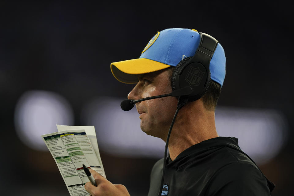 Los Angeles Chargers head coach Brandon Staley looks on during the first half of an NFL football game against the Chicago Bears, Sunday, Oct. 29, 2023, in Inglewood, Calif. (AP Photo/Ryan Sun)