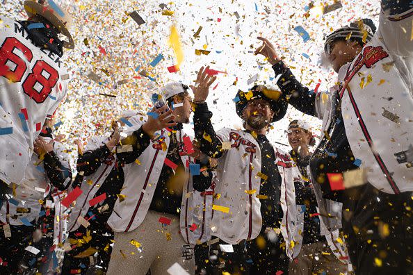 ATLANTA, GA - NOVEMBER 05: Members of the Atlanta Braves celebrate following their World Series Parade at Truist Park on November 5, 2021 in Atlanta, Georgia. The Atlanta Braves won the World Series in six games against the Houston Astros winning their first championship since 1995. (Photo by Megan Varner/Getty Images)