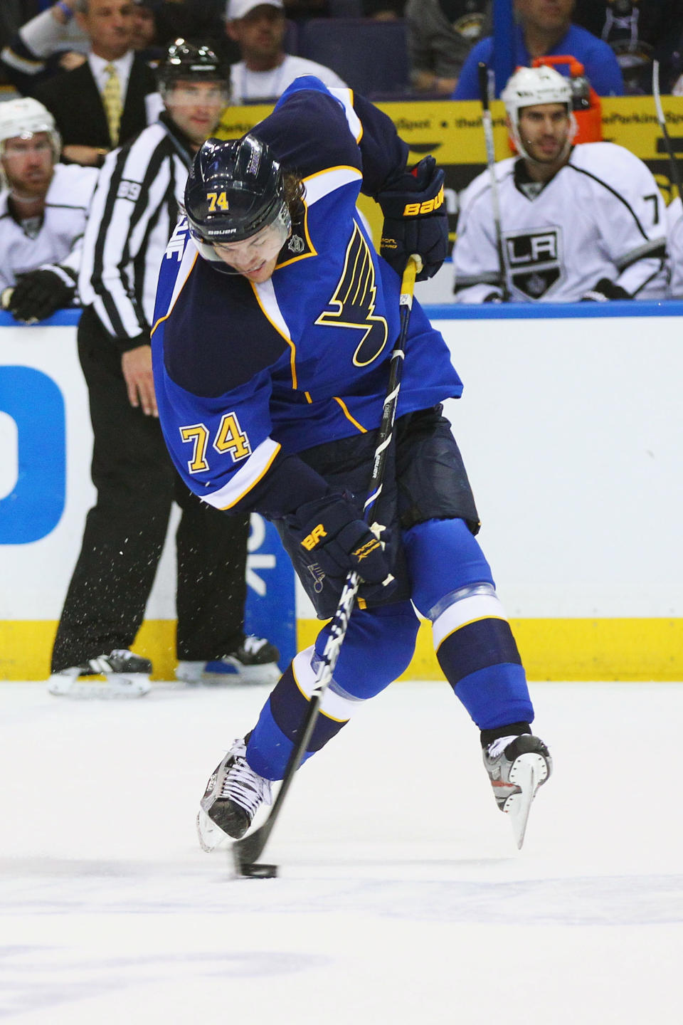 ST. LOUIS, MO - APRIL 30: T.J. Oshie #74 of the St. Louis Blues takes a shot on goal against the Los Angeles Kings in Game Two of the Western Conference Semifinals during the 2012 NHL Stanley Cup Playoffs at the Scottrade Center on April 30, 2012 in St. Louis, Missouri. (Photo by Dilip Vishwanat/Getty Images)