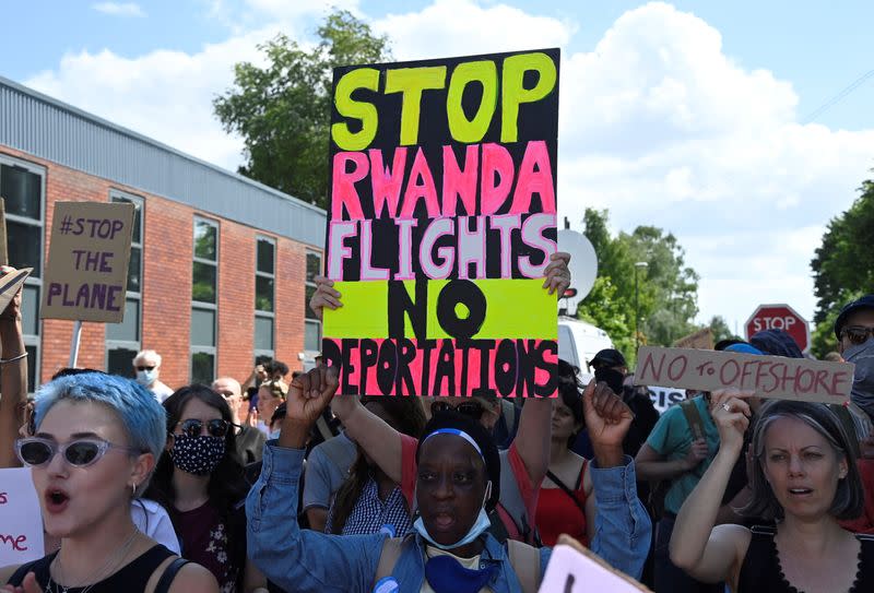 FILE PHOTO: Protest against planned deportation of asylum seekers from Britain to Rwanda, Crawley