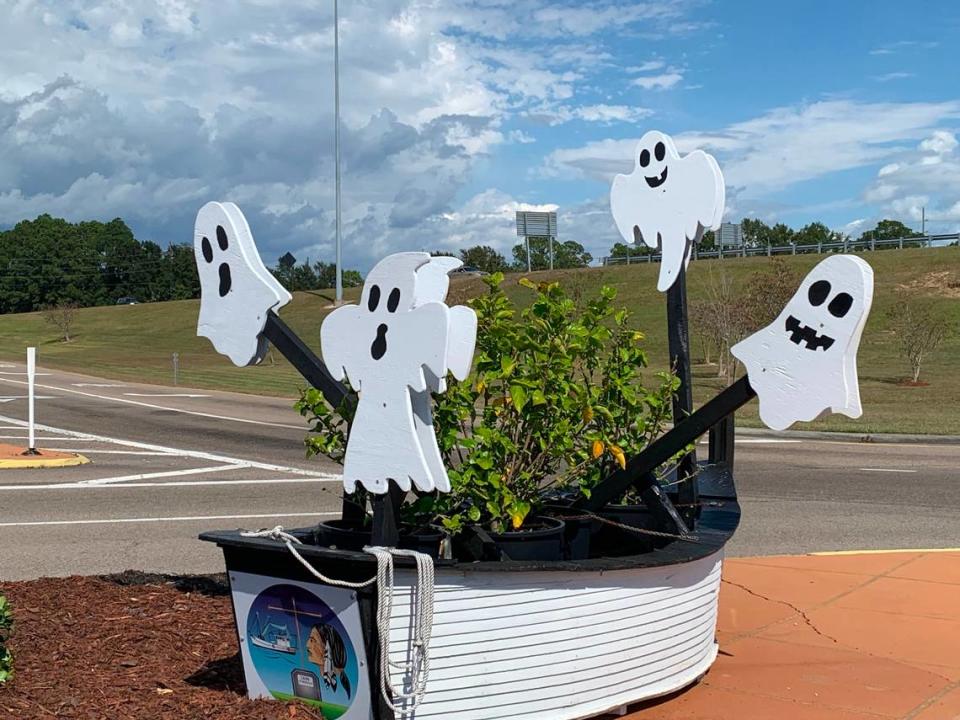 Ghosts in a boat are part of the Halloween decor in D’Iberville. Cities across the Coast are sponsoring Trunk or Treat celebrations and other events in October. Mary Perez/Sun Herald