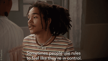 Luca Hall says, "Sometimes people use rules to feel like they're in control," on Grownish