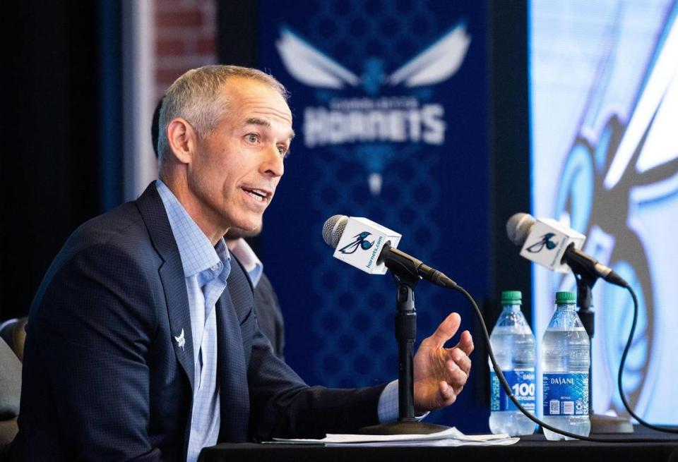 The new co-owner of the Charlotte Hornets, Rick Schnall, speaks during a press conference at the Spectrum Center in August 2023.