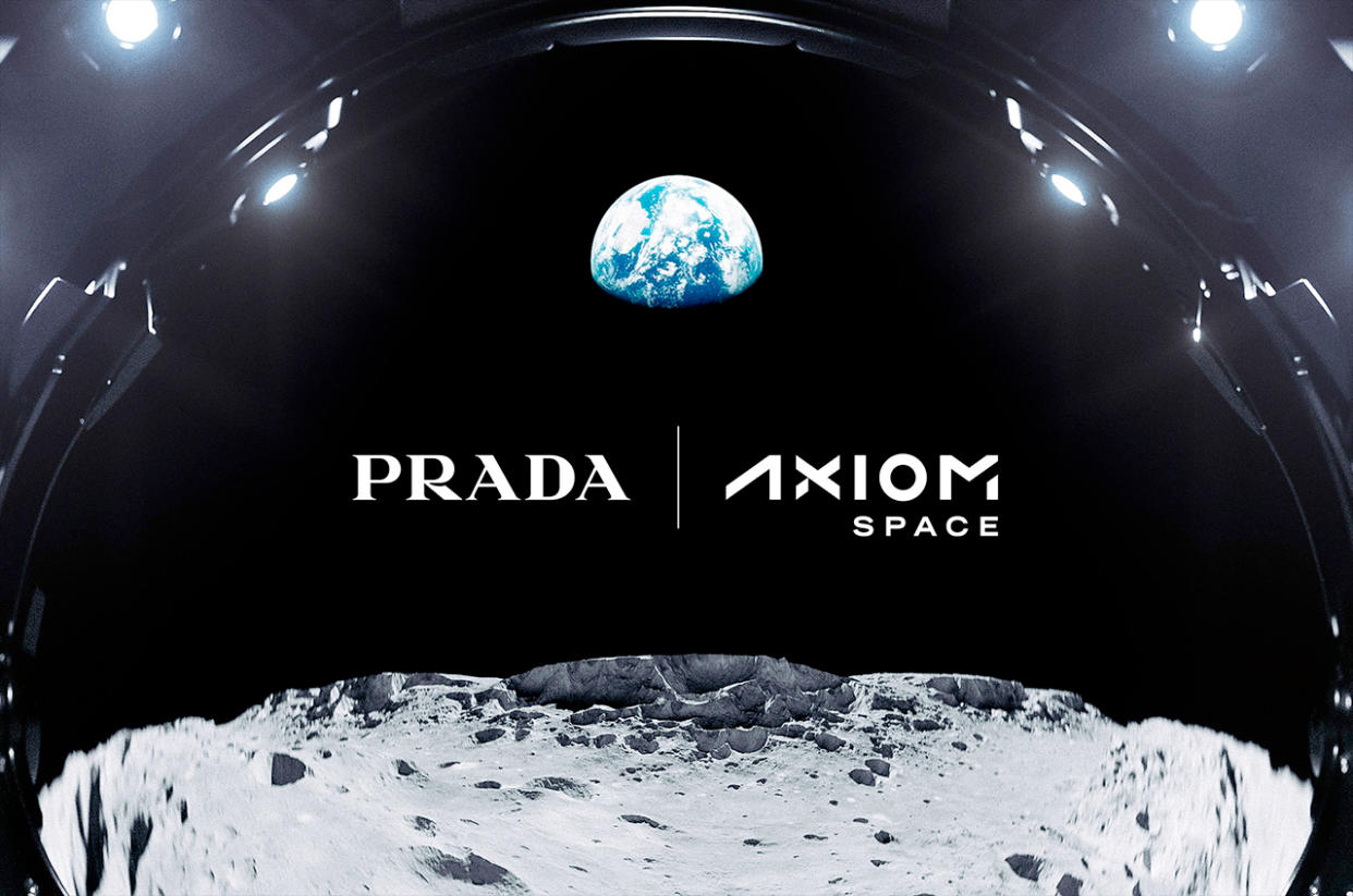  Photo of earth as seen from the moon's surface, with the logos of Prada and Axiom Space superimposed atop it. 