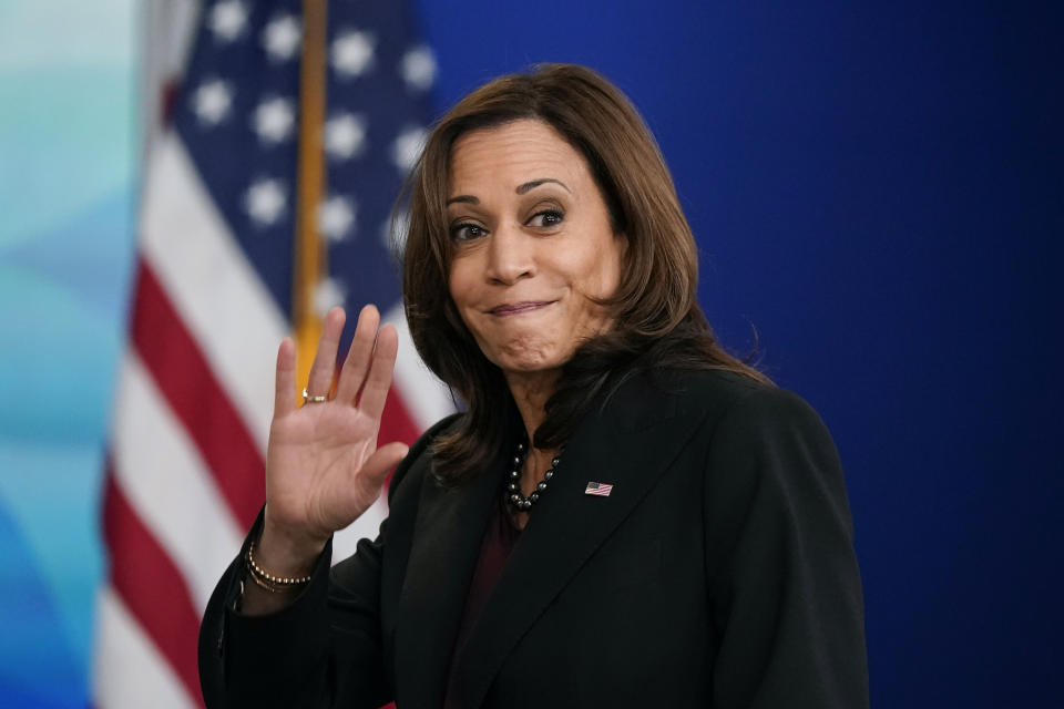 FILE - Vice President Kamala Harris waves as she departs after speaking at the Tribal Nations Summit in the South Court Auditorium on the White House campus, Nov. 16, 2021, in Washington. (AP Photo/Patrick Semansky, File)