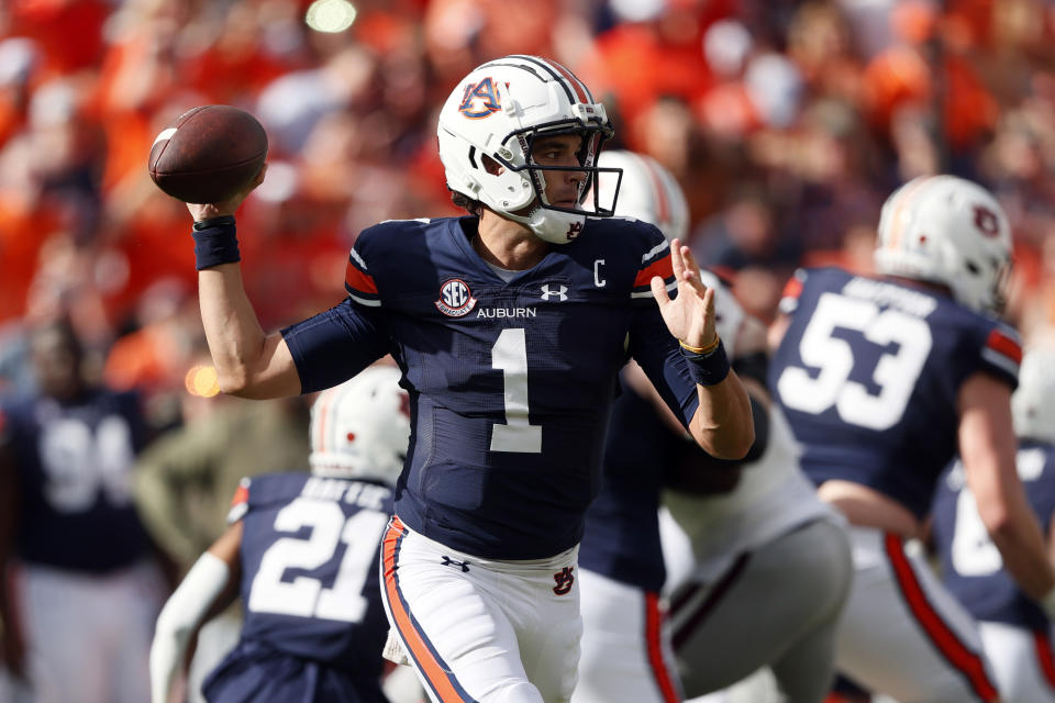 Auburn quarterback Payton Thorne (1) throws a pass during the first half an NCAA college football game against Mississippi State, Saturday, Oct. 28, 2023, in Auburn, Ala. (AP Photo/Butch Dill)