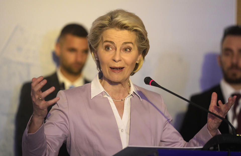 EU Commission President Ursula von der Leyen speaks after the signing of a deal to increase liquified natural gas sales to EU countries, who aim to reduce dependence on supply from Russia as the war in Ukraine drags on, in Cairo, Egypt, Wednesday, June 15, 2022. (AP Photo/Amr Nabil)