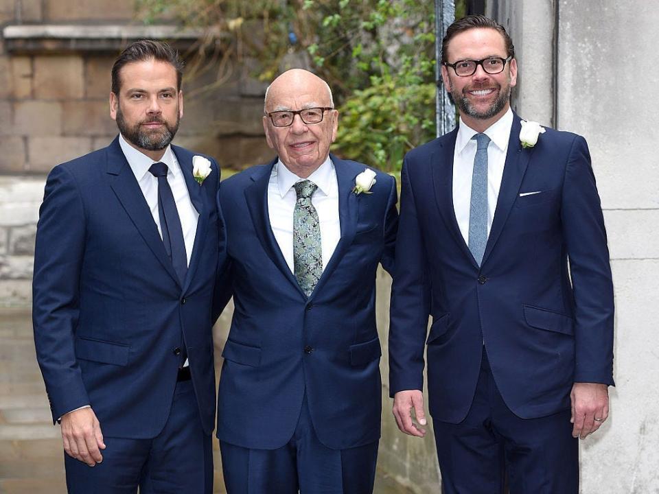 Rupert Murdoch arrives at St Bride's Church in London accompanied by his sons James (right) and Lachlan (left) for a ceremony of celebration a day after the media mogul officially married Jerry Hall on March 5, 2016 in London, England.