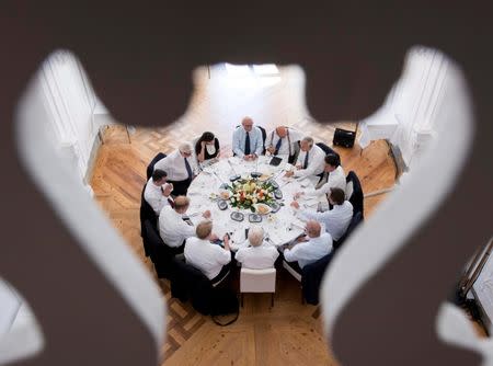 German Foreign Minister Frank-Walter Steinmeier, Poland's Foreign Minister Witold Waszczykowski and French Foreign Minister Jean-Marc Ayraultin start their working session at the Weimar Triangle meeting in Weimar, Germany, August 28, 2016. REUTERS/Jens Meyer/Pool