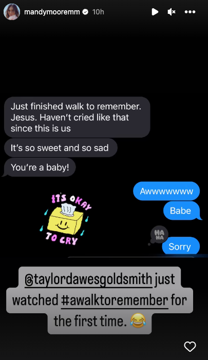 The singer and actor's husband shared his thoughts after watching the 2002 rom-com. (Instagram story/Mandy Moore)