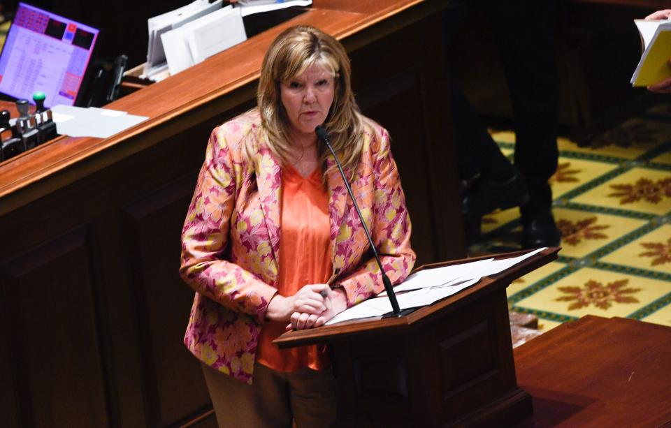 Gloria Johnson, D-Knoxville, speaks ahead of a vote to expel her from the House of Representatives at the Tennessee State Capitol in Nashville, Tenn., on Thursday, April 6, 2023. 