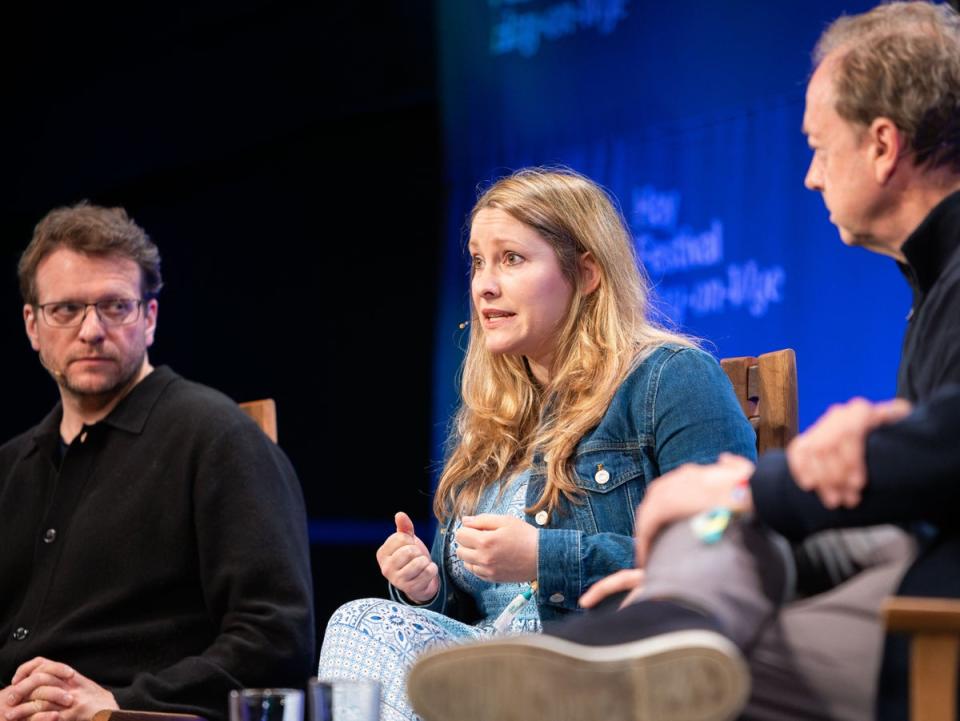 Peter Pomerantsev, Laura Bates and Geordie Greig during a conversation at Hay Festival (Sam Hardwick/Hay Festival)