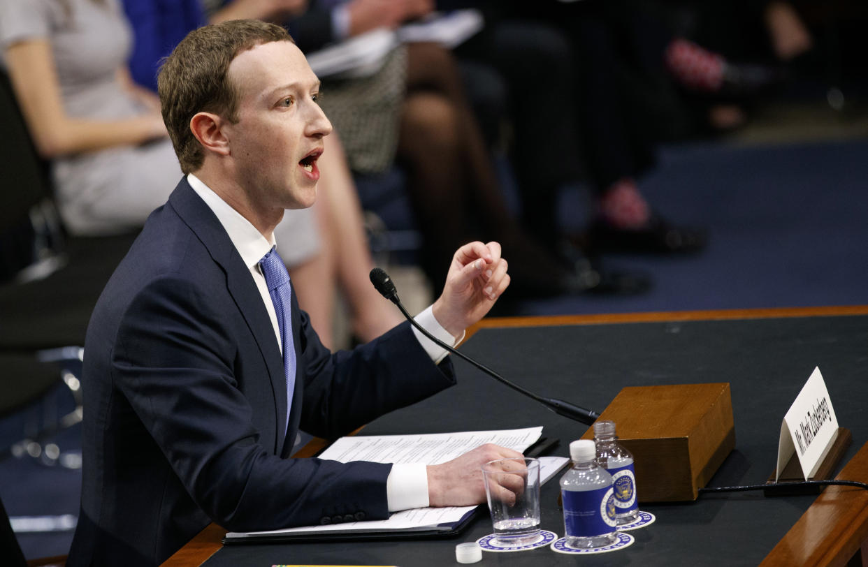 Mark Zuckerberg testifies before a joint hearing of the Commerce and Judiciary Committees on Capitol Hill in Washington, Tuesday, April 10. (AP Photo/Carolyn Kaster)