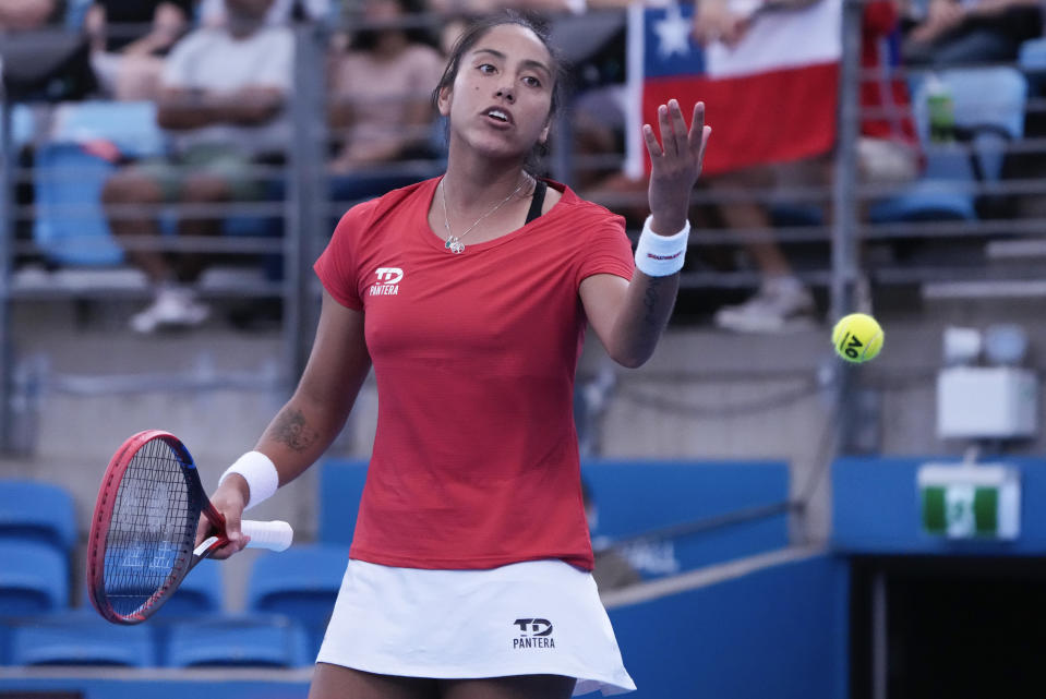 Daniela Seguel of Chile reacts during her loss to Maria Sakkari of Greece in their United Cup tennis match in Sydney, Australia, Tuesday, Jan. 2, 2024. (AP Photo/Mark Baker)