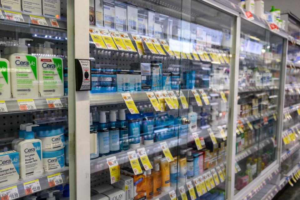 Locked up items to prevent shoplifting are seen at a Duane Reade drugstore and pharmacy on August 24, 2023 in New York City. Major retailers, including Target, have implemented more security to curb shoplifting, which experts said cost the retail industry more than $60 billion in 2022.