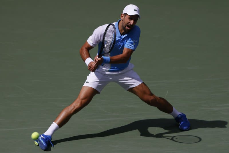 Novak Djokovic of Serbia returns a ball to Bernabe Zapata Miralles of Spain in a second-round match at the 2023 U.S. Open at the USTA Billie Jean King National Tennis Center on Wednesday in Flushing, N.Y. Photo by John Angelillo/UPI