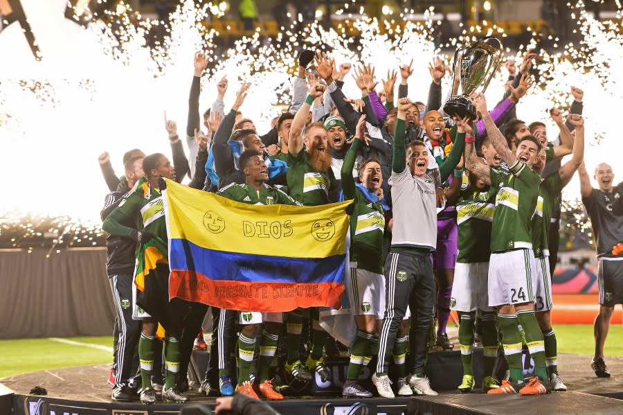 COLUMBUS, OH – DECEMBER 6: The Portland Timbers celebrate with the MLS Cup trophy on December 6, 2015 at MAPFRE Stadium in Columbus, Ohio. Portland defeated Columbus Crew SC 2-1 to claim the MLS Cup title. (Photo by Jamie Sabau/Getty Images)