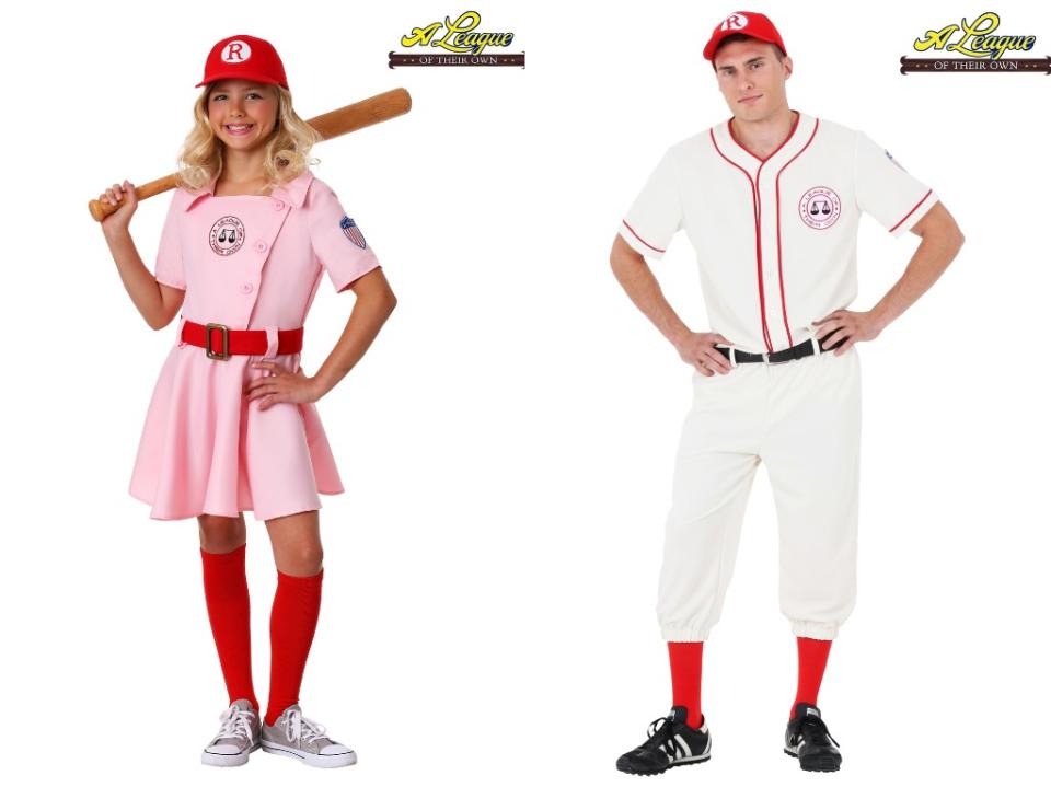 A League of Their Own Dottie Girls Costume (L) and A League of Their Own Coach Jimmy Men's Costume (R) are nostalgic costume choices for customers. (Photos: HalloweenCostumes.com)