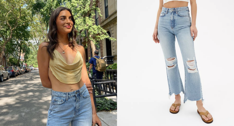 Rachael Kirkconnell tapped into her inner Y2K child in these $69 jeans (Photos via Rachael Kirkconnell/Instagram and Urban Outfitters)