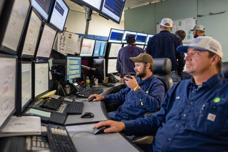  Thunder Horse staff monitor operations in 2022. BP has set its sights on harder-to-reach deposits in the Gulf. 