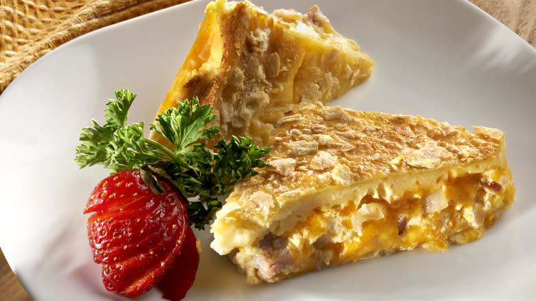 Slices of egg casserole on a plate
