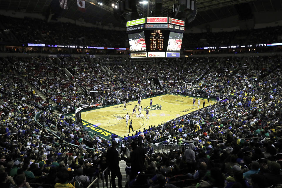 FILE - The Golden State Warriors play the Sacramento Kings during the second half of an NBA basketball preseason game Friday, Oct. 5, 2018, in Seattle. Jamal Crawford is the ambassador of Seattle basketball, from his long NBA career to his continued pro-am league that brings in a stream of current NBA players every summer. While it may not seem like a benchmark moment, Crawford believes there is value even if it’s just an exhibition game that’s returning to Seattle. (AP Photo/Ted S. Warren, File)