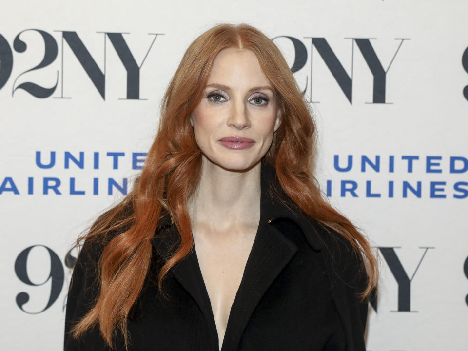Actor Jessica Chastain poses backstage before discussing the film "Memory," at The 92nd Street Y, Friday, Dec. 15, 2023, in New York. (Photo by Andy Kropa/Invision/AP)