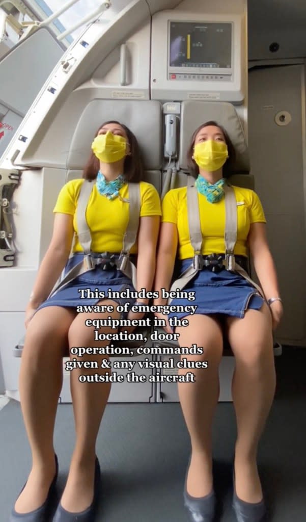 Flight attendant Henny Lim virally explained why she and her colleagues sit on their hands during every departure and landing. TikTok / @_hennylim