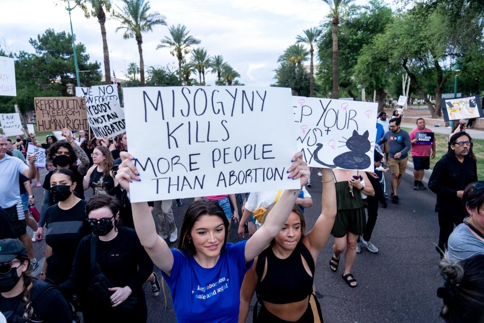 Abortion rights activists protest nearby the Arizona state Capitol in Phoenix following the Supreme Court's decision to overturn Roe v. Wade on June 24, 2022.