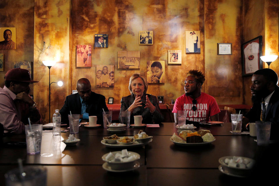 Hillary Clinton meets with leaders at Mert’s Heart and Soul restaurant in Charlotte