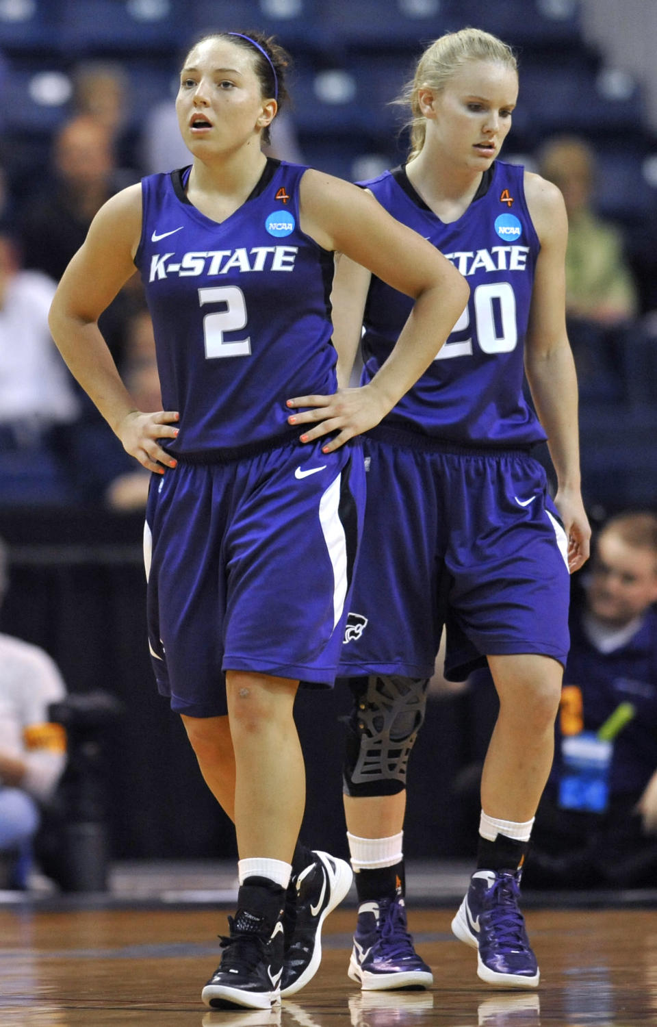 Kansas State's Brittany Chambers, left, and Emma Ostermann, right, react late in the second half of an NCAA tournament second-round college basketball game in Bridgeport, Conn., Monday, March 19, 2012. Connecticut won 72-26. (AP Photo/Jessica Hill)