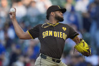 San Diego Padres starting pitcher Randy Vásquez throws to a Chicago Cubs batter during the first inning of a baseball game Tuesday, May 7, 2024, in Chicago. (AP Photo/Erin Hooley)