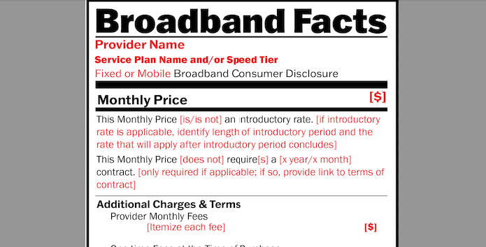  FCC Broadband Nutrition Label 