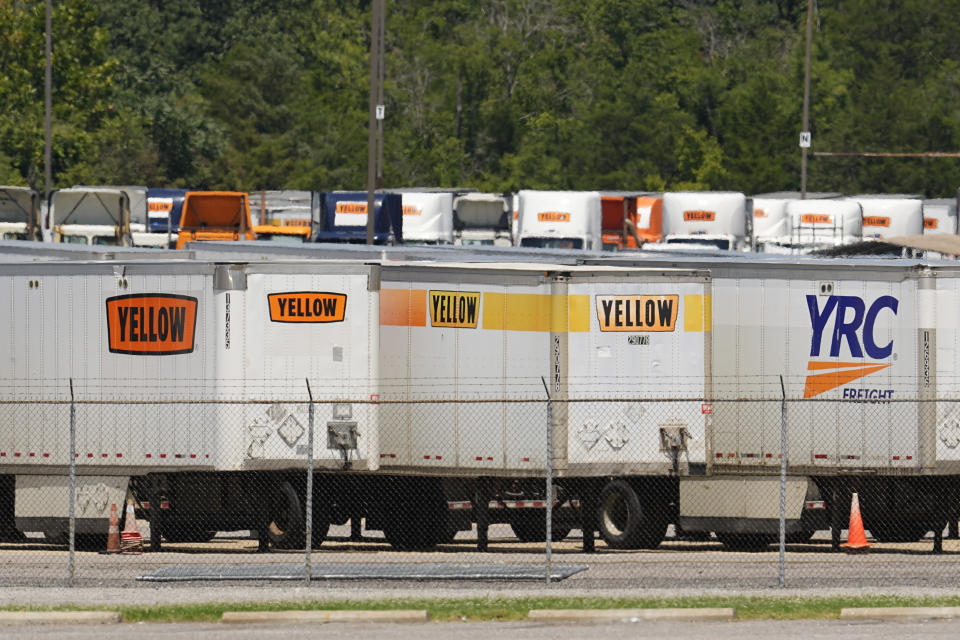 Box trailers and trucks are seen at Yellow Corp. trucking facility Monday, July 31, 2023 in Nashville, Tenn. The troubled trucking company is shutting down and filing for bankruptcy, the Teamsters said Monday. An official bankruptcy filing is expected any day for Yellow, after years of financial struggles and growing debt. (AP Photo/George Walker IV)