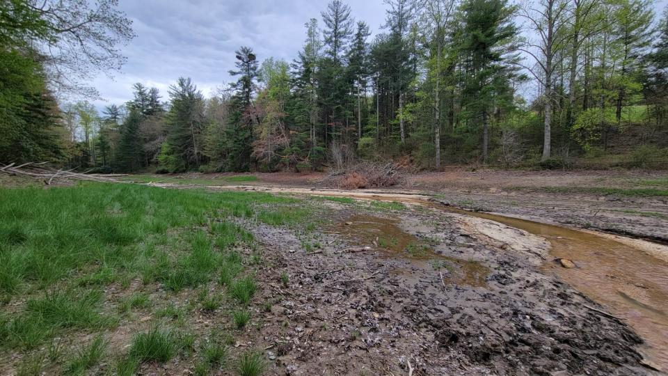 The Front Lake bed at Carl Sandburg Home is still dry on April 13. The lake drained due to failure at the dam last year.