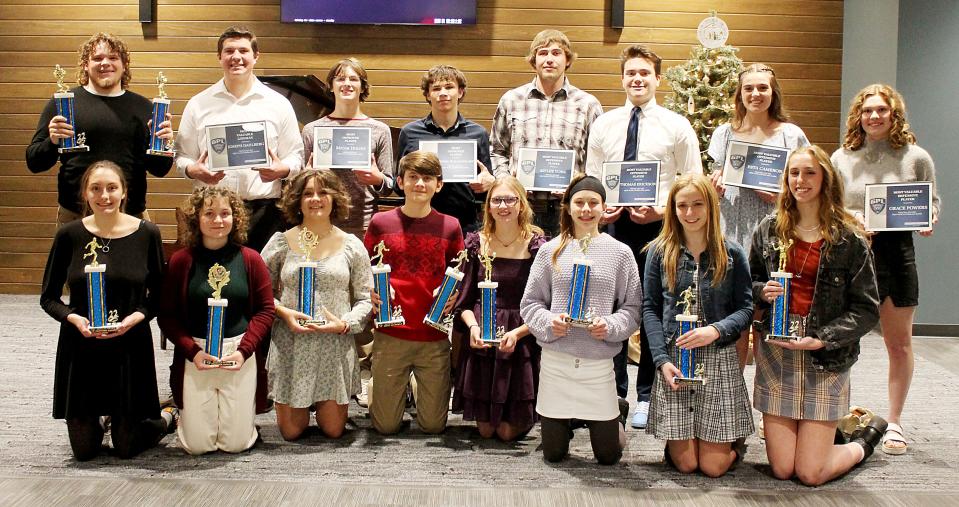 Special award winners in the Great Plains Lutheran's Fall Awards Ceremony on Sunday included, from left in front, Daria Poor, Emma Kanzenbach, Norah Kratz, Thaddeus Kratz, Kyrie Roberts, Halle Bauer, Taylor Bendix and Olivia Holmen; and back, RJ Perry, Joseph Dahlberg, Micah Holien, Brody Scharlemann, Myles York, Thomas Erickson, Esta Cameron and Grace Powers. Not pictured is Lanaya Hayes and Jakson Cowles.