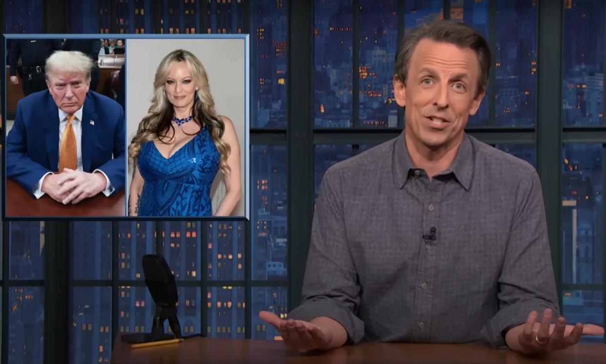 <span>Seth Meyers: on Trump’s trial: ‘How are they going to teach this era of history in high school? They can’t say most of the words! A frazzled gym teacher will have to cover it in sex ed.’</span><span>Photograph: YouTube</span>