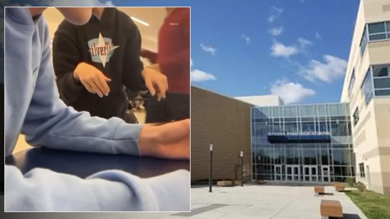 Left, a screengrab from the viral video that depicts a Severna Park High School student bullying a special needs student; Severna Park High School 