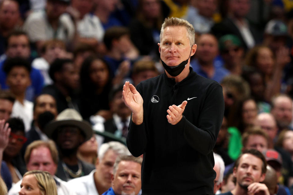 DALLAS, TEXAS - MAY 22: Head coach Steve Kerr of the Golden State Warriors reacts to a play during the fourth quarter against the Dallas Mavericks in Game Three of the 2022 NBA Playoffs Western Conference Finals at American Airlines Center on May 22, 2022 in Dallas, Texas. NOTE TO USER: User expressly acknowledges and agrees that, by downloading and or using this photograph, User is consenting to the terms and conditions of the Getty Images License Agreement. (Photo by Tom Pennington/Getty Images)