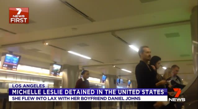 Leslie checked in on a Virgin flight at Sydney Airport on Saturday with musician boyfriend Daniel Johns.  Photo: 7 News