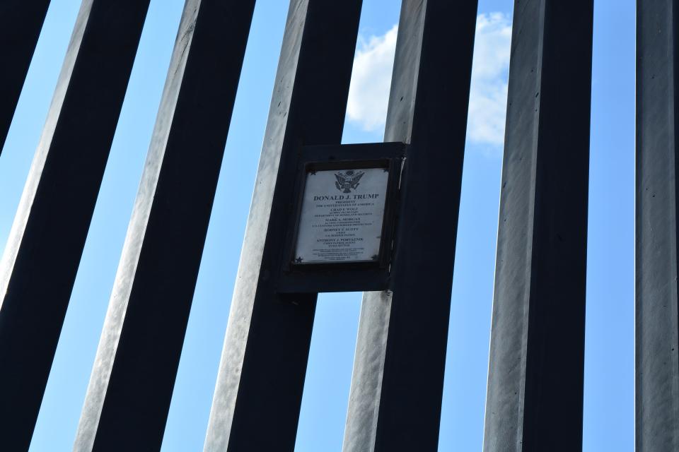 A plaque on the border wall in San Luis, Arizona, commemorating the Trump administration’s role in 200 miles of new border construction.Josh Marcus